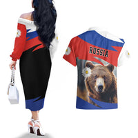 Russia Brown Bear and Chamomile Flower Couples Matching Off The Shoulder Long Sleeve Dress and Hawaiian Shirt