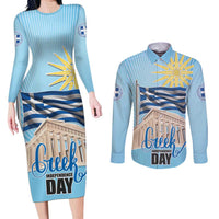 Greece Independence Day Couples Matching Long Sleeve Bodycon Dress and Long Sleeve Button Shirt 25th March Vergina Sun