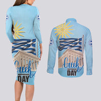 Greece Independence Day Couples Matching Long Sleeve Bodycon Dress and Long Sleeve Button Shirt 25th March Vergina Sun