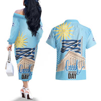 Greece Independence Day Couples Matching Off The Shoulder Long Sleeve Dress and Hawaiian Shirt 25th March Vergina Sun