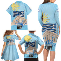 Greece Independence Day Family Matching Long Sleeve Bodycon Dress and Hawaiian Shirt 25th March Vergina Sun