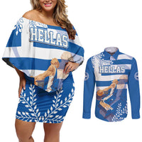 Custom Greece Basketball Couples Matching Off Shoulder Short Dress and Long Sleeve Button Shirt Sporty Style with Laurel