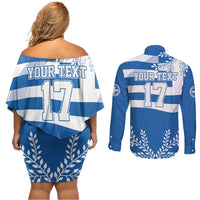 Custom Greece Basketball Couples Matching Off Shoulder Short Dress and Long Sleeve Button Shirt Sporty Style with Laurel