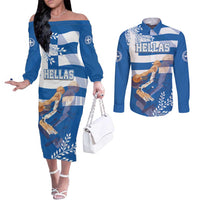 Custom Greece Basketball Couples Matching Off The Shoulder Long Sleeve Dress and Long Sleeve Button Shirt Sporty Style with Laurel