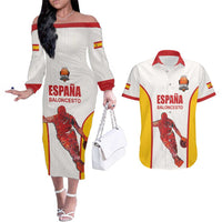 Custom Espana Basketball Spain Couples Matching Off The Shoulder Long Sleeve Dress and Hawaiian Shirt Baloncesto Come on La Roja White Style