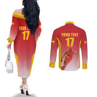 Custom Espana Basketball Spain Couples Matching Off The Shoulder Long Sleeve Dress and Long Sleeve Button Shirt Baloncesto Come on La Roja Red Style