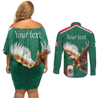 Personalized Viva Mexico Football Couples Matching Off Shoulder Short Dress and Long Sleeve Button Shirt Mexican Eagle Mascot with Sporty Style