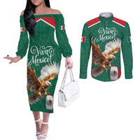 Personalized Viva Mexico Football Couples Matching Off The Shoulder Long Sleeve Dress and Long Sleeve Button Shirt Mexican Eagle Mascot with Sporty Style