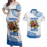Custom Greece Basketball Champions Couples Matching Off Shoulder Maxi Dress and Hawaiian Shirt Sporty Style with Eagle Mascot