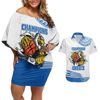 Custom Greece Basketball Champions Couples Matching Off Shoulder Short Dress and Hawaiian Shirt Sporty Style with Eagle Mascot