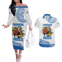 Custom Greece Basketball Champions Couples Matching Off The Shoulder Long Sleeve Dress and Hawaiian Shirt Sporty Style with Eagle Mascot