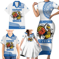 Custom Greece Basketball Champions Family Matching Short Sleeve Bodycon Dress and Hawaiian Shirt Sporty Style with Eagle Mascot