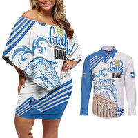 Personalized Greece Greek Independence Day Couples Matching Off Shoulder Short Dress and Long Sleeve Button Shirt Dolphin and Parthenon