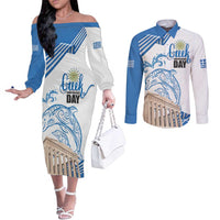 Personalized Greece Greek Independence Day Couples Matching Off The Shoulder Long Sleeve Dress and Long Sleeve Button Shirt Dolphin and Parthenon