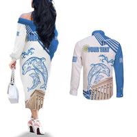 Personalized Greece Greek Independence Day Couples Matching Off The Shoulder Long Sleeve Dress and Long Sleeve Button Shirt Dolphin and Parthenon