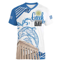 Personalized Greece Greek Independence Day Women V-Neck T-Shirt Dolphin and Parthenon