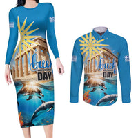 Greece Independence Day 25th March Couples Matching Long Sleeve Bodycon Dress and Long Sleeve Button Shirt Scenery in Greece