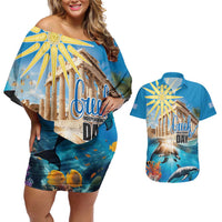 Greece Independence Day 25th March Couples Matching Off Shoulder Short Dress and Hawaiian Shirt Scenery in Greece