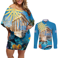 Greece Independence Day 25th March Couples Matching Off Shoulder Short Dress and Long Sleeve Button Shirt Scenery in Greece