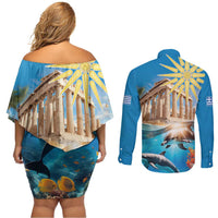 Greece Independence Day 25th March Couples Matching Off Shoulder Short Dress and Long Sleeve Button Shirt Scenery in Greece
