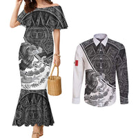 Personalized Mexico Aztec Calendar Couples Matching Mermaid Dress and Long Sleeve Button Shirt Flag and Coat of Arms