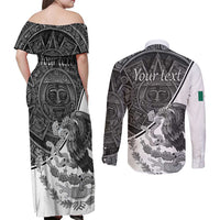 Personalized Mexico Aztec Calendar Couples Matching Off Shoulder Maxi Dress and Long Sleeve Button Shirt Flag and Coat of Arms