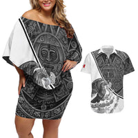 Personalized Mexico Aztec Calendar Couples Matching Off Shoulder Short Dress and Hawaiian Shirt Flag and Coat of Arms