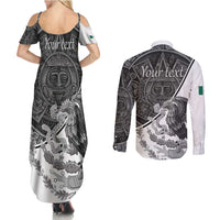 Personalized Mexico Aztec Calendar Couples Matching Summer Maxi Dress and Long Sleeve Button Shirt Flag and Coat of Arms