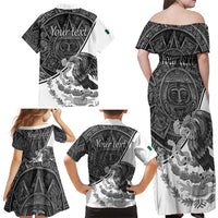 Personalized Mexico Aztec Calendar Family Matching Off Shoulder Maxi Dress and Hawaiian Shirt Flag and Coat of Arms