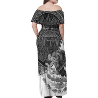 Personalized Mexico Aztec Calendar Family Matching Off Shoulder Maxi Dress and Hawaiian Shirt Flag and Coat of Arms
