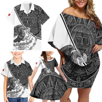 Personalized Mexico Aztec Calendar Family Matching Off Shoulder Short Dress and Hawaiian Shirt Flag and Coat of Arms