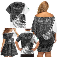 Personalized Mexico Aztec Calendar Family Matching Off Shoulder Short Dress and Hawaiian Shirt Flag and Coat of Arms