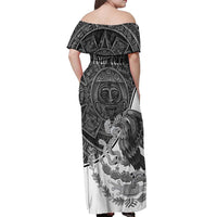 Personalized Mexico Aztec Calendar Off Shoulder Maxi Dress Flag and Coat of Arms