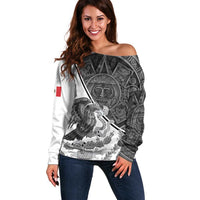 Personalized Mexico Aztec Calendar Off Shoulder Sweater Flag and Coat of Arms