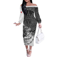 Personalized Mexico Aztec Calendar Off The Shoulder Long Sleeve Dress Flag and Coat of Arms