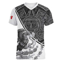 Personalized Mexico Aztec Calendar Women V-Neck T-Shirt Flag and Coat of Arms