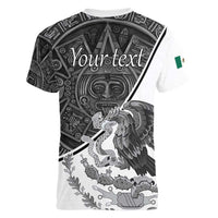 Personalized Mexico Aztec Calendar Women V-Neck T-Shirt Flag and Coat of Arms
