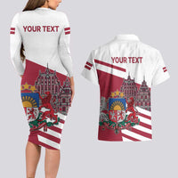 Personalized Riga Town Hall Square Latvia Couples Matching Long Sleeve Bodycon Dress and Hawaiian Shirt Coat of Arms