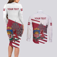 Personalized Riga Town Hall Square Latvia Couples Matching Long Sleeve Bodycon Dress and Long Sleeve Button Shirt Coat of Arms