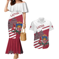 Personalized Riga Town Hall Square Latvia Couples Matching Mermaid Dress and Hawaiian Shirt Coat of Arms
