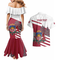 Personalized Riga Town Hall Square Latvia Couples Matching Mermaid Dress and Hawaiian Shirt Coat of Arms