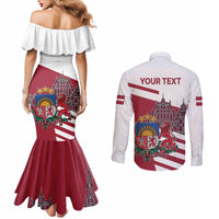 Personalized Riga Town Hall Square Latvia Couples Matching Mermaid Dress and Long Sleeve Button Shirt Coat of Arms