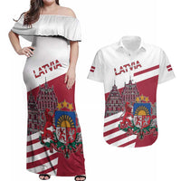 Personalized Riga Town Hall Square Latvia Couples Matching Off Shoulder Maxi Dress and Hawaiian Shirt Coat of Arms