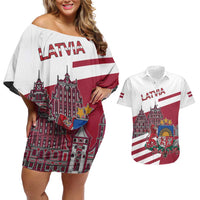 Personalized Riga Town Hall Square Latvia Couples Matching Off Shoulder Short Dress and Hawaiian Shirt Coat of Arms