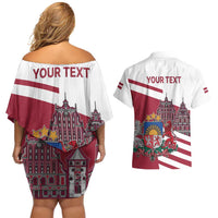 Personalized Riga Town Hall Square Latvia Couples Matching Off Shoulder Short Dress and Hawaiian Shirt Coat of Arms