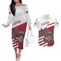 Personalized Riga Town Hall Square Latvia Couples Matching Off The Shoulder Long Sleeve Dress and Hawaiian Shirt Coat of Arms