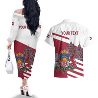 Personalized Riga Town Hall Square Latvia Couples Matching Off The Shoulder Long Sleeve Dress and Hawaiian Shirt Coat of Arms