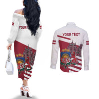 Personalized Riga Town Hall Square Latvia Couples Matching Off The Shoulder Long Sleeve Dress and Long Sleeve Button Shirt Coat of Arms