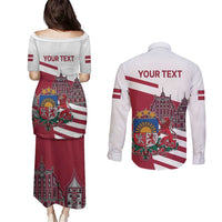 Personalized Riga Town Hall Square Latvia Couples Matching Puletasi and Long Sleeve Button Shirt Coat of Arms