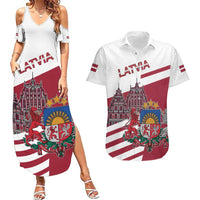 Personalized Riga Town Hall Square Latvia Couples Matching Summer Maxi Dress and Hawaiian Shirt Coat of Arms